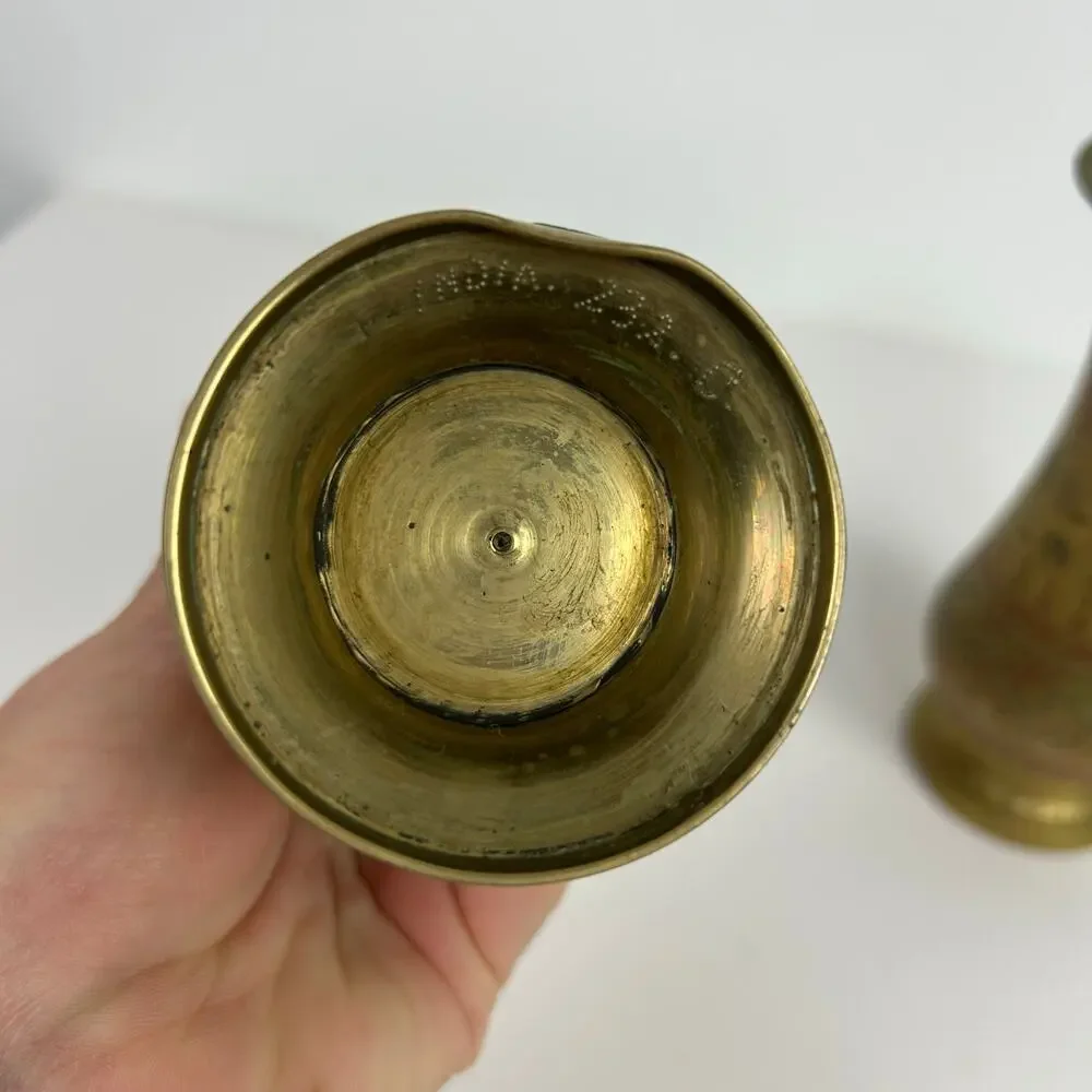 Vintage Brass Hand Carved Etched Brass Vases Set of 2 Made in India Red